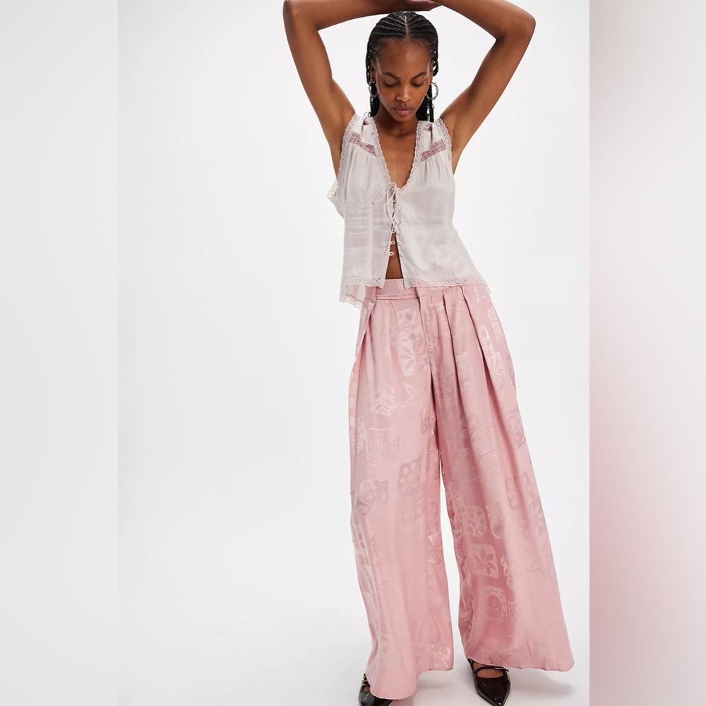 Free People Giselle Satin Printed Trousers Pants NWT